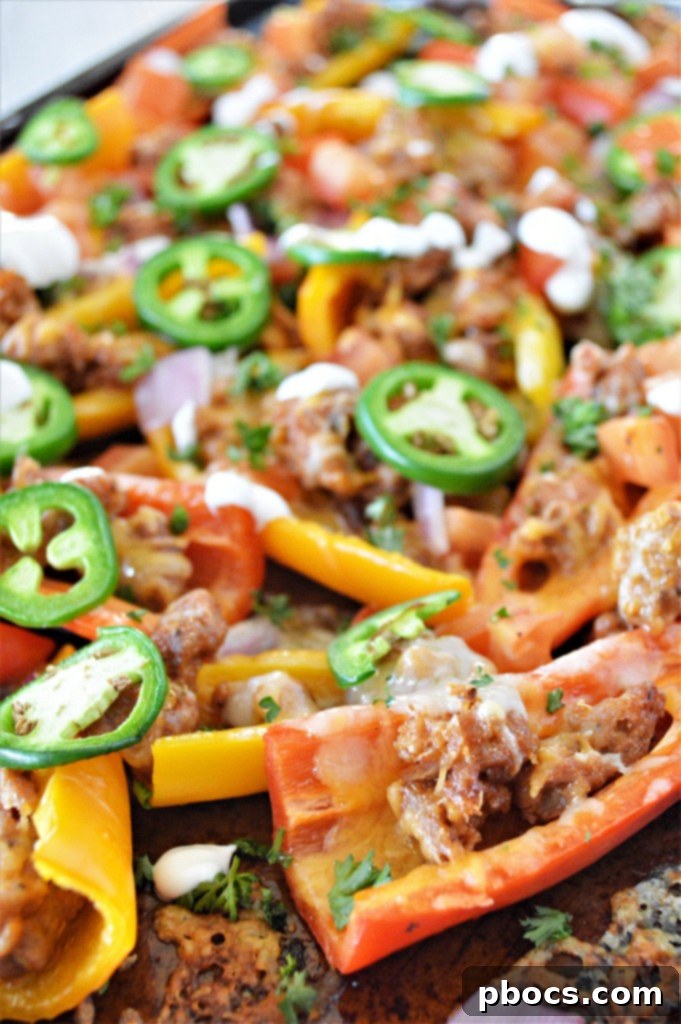 Stuffed Bell Pepper Nachos 3 Close-up of savory chorizo crumbles cooking in a skillet for nachos