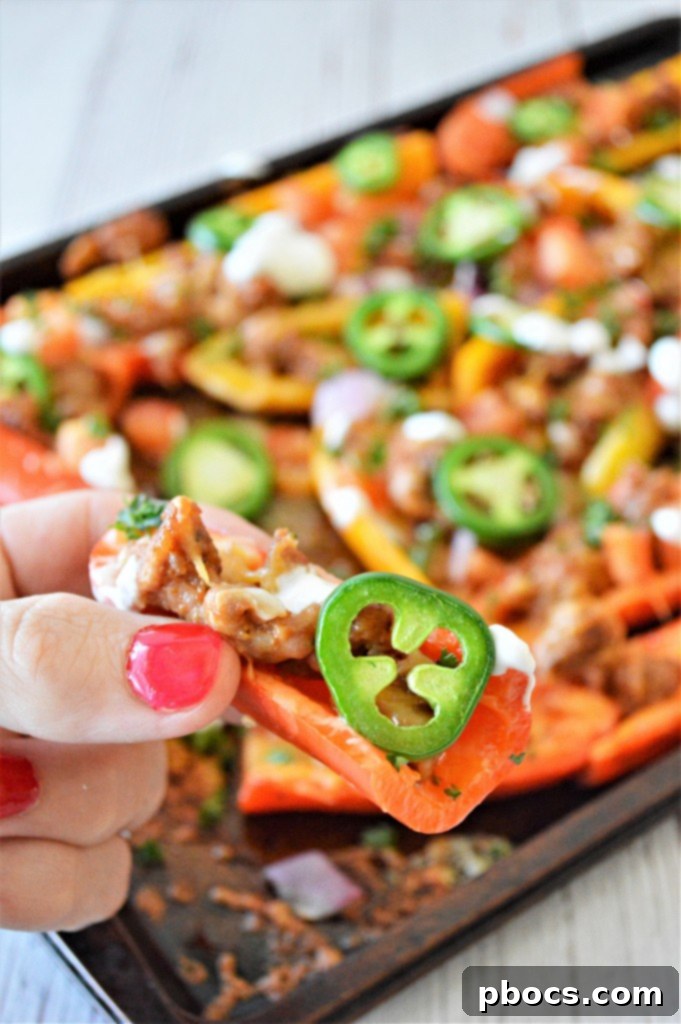 Stuffed Bell Pepper Nachos 5 Low Carb Bell Pepper Nachos, steaming hot and fresh out of the oven, ready to serve