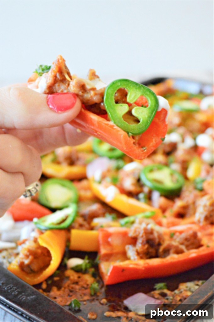 Stuffed Bell Pepper Nachos 6 Low Carb Bell Pepper Nachos adorned with a colorful variety of fresh and savory toppings