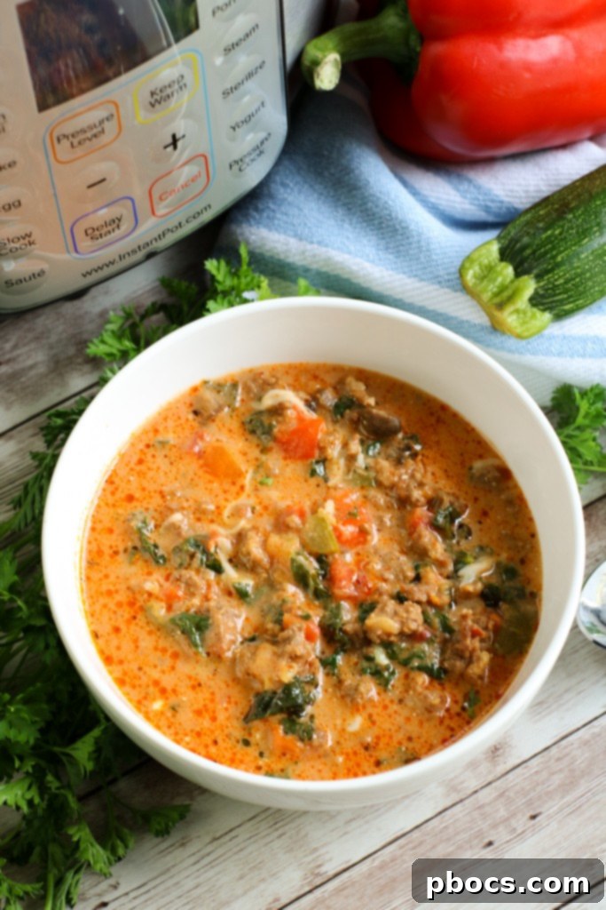 Instant Pot Low Carb Pizza Soup - A hearty and flavorful keto-friendly soup ready in 30 minutes