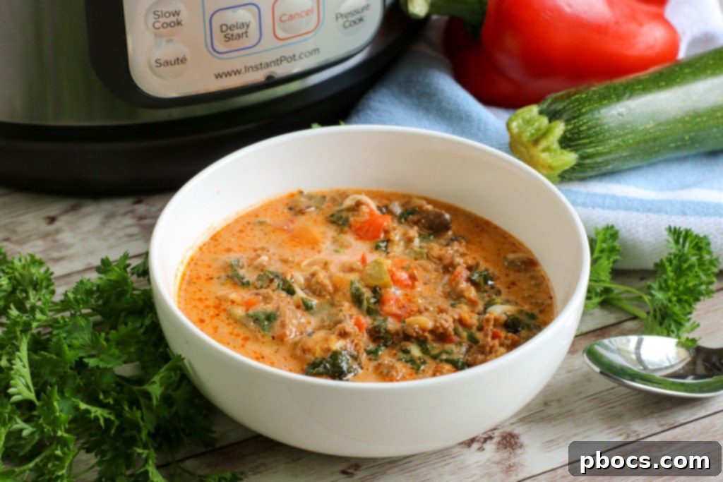 Keto-Friendly Instant Pot Pizza Soup with rich broth and savory ingredients