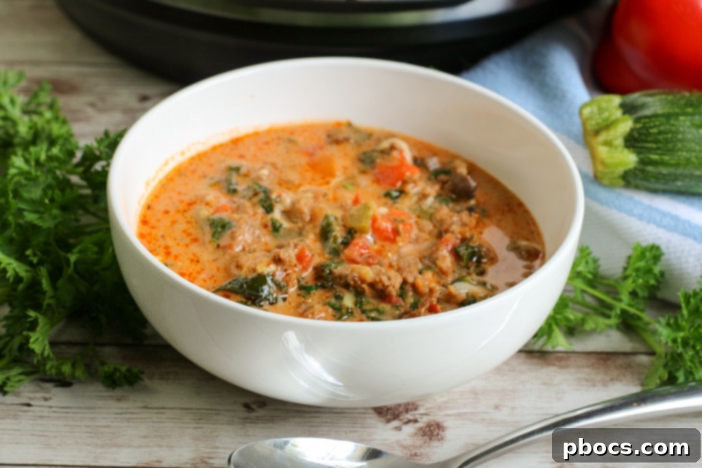 Family-friendly Instant Pot Low Carb Pizza Soup with customizable toppings