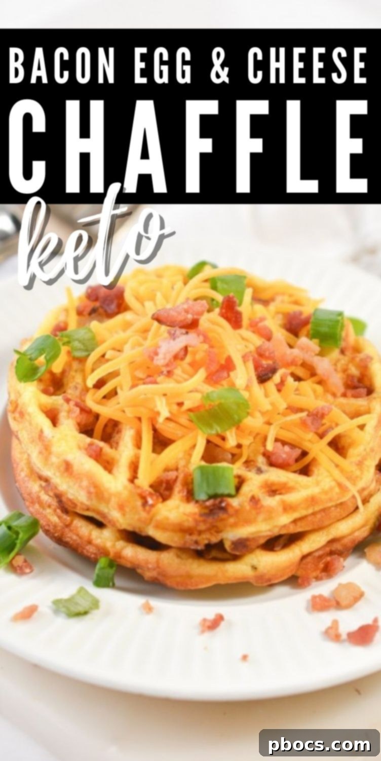 Ultimate Keto Chaffle Breakfast Sandwich 10 Pinterest graphic featuring Keto Bacon Egg and Cheese Chaffles, ideal for saving this low-carb recipe. Includes hashtags #ketobreakfastchaffle #baconeggandcheechaffle