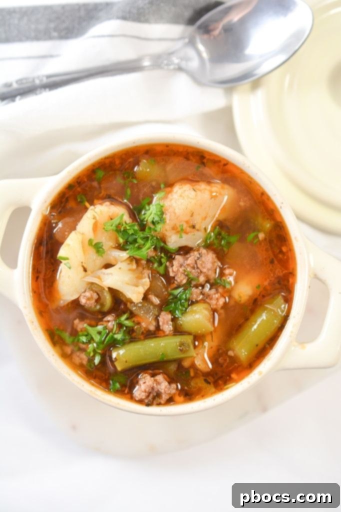 Delicious Low Carb Vegetable Beef Soup Served in a Bowl