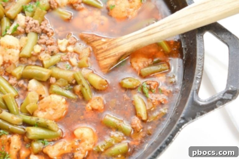 A Close-up of Keto Vegetable Beef Soup Simmering in the Pot