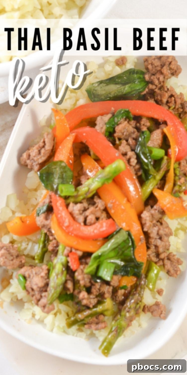 Keto Thai Basil Beef Pinterest Pin with recipe details