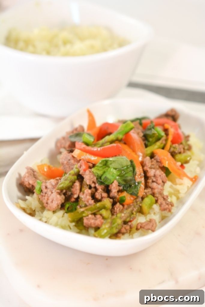 Low-Carb Thai Basil Beef Meal with colorful bell peppers
