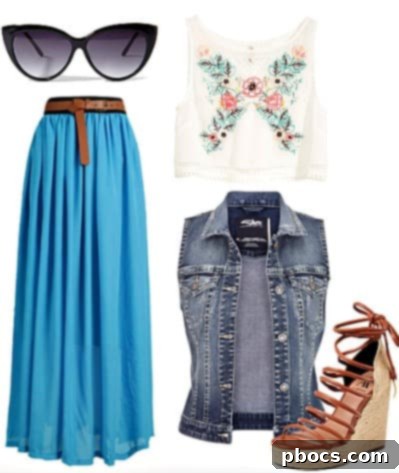 Maxi Skirt Styled Three Ways - Layered Denim Vest Look