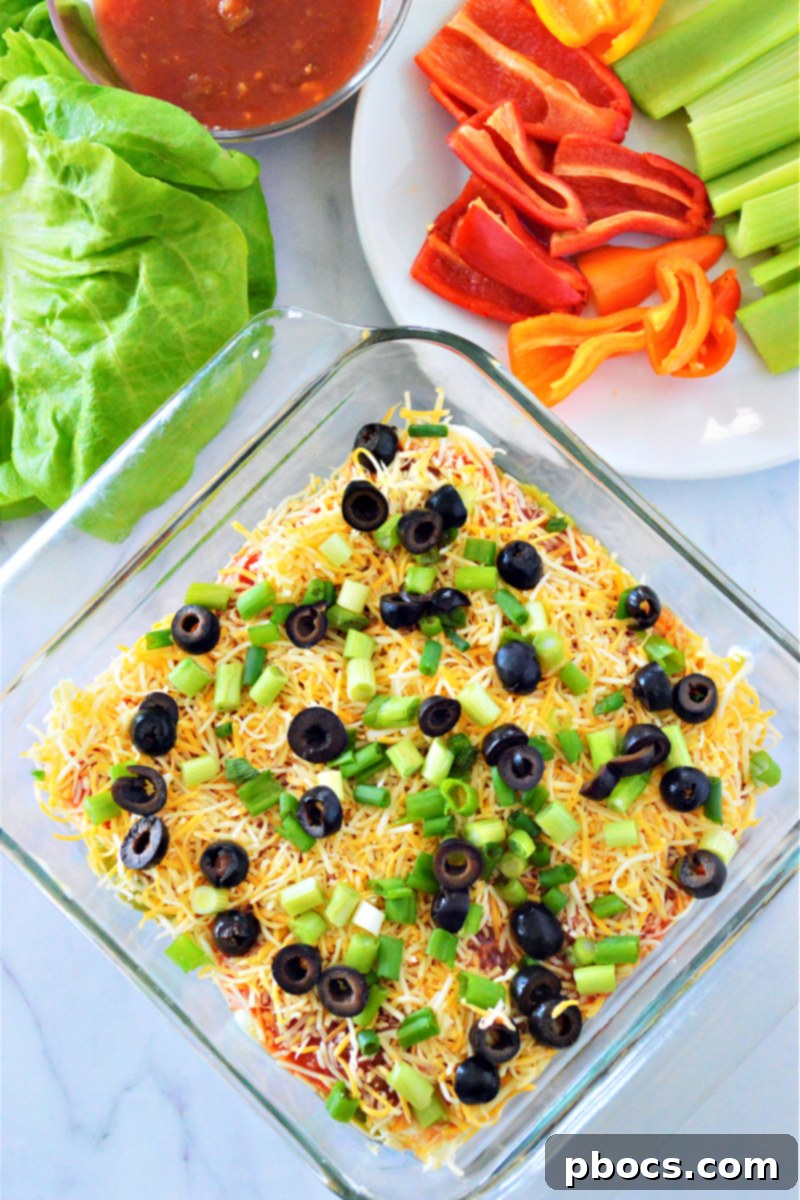 Delicious Low-Carb 7 Layer Taco Dip, perfect for any party or gathering.