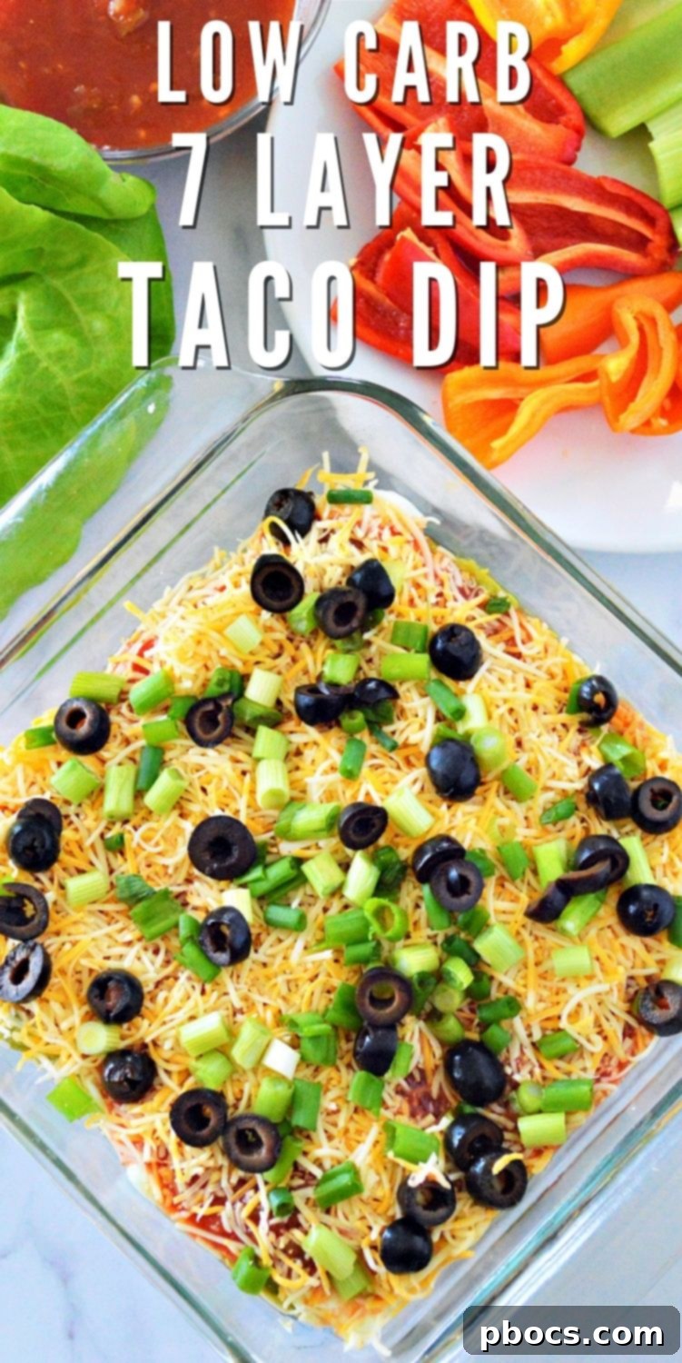 Low-Carb 7 Layer Taco Dip Pinterest graphic, perfect for saving the recipe.