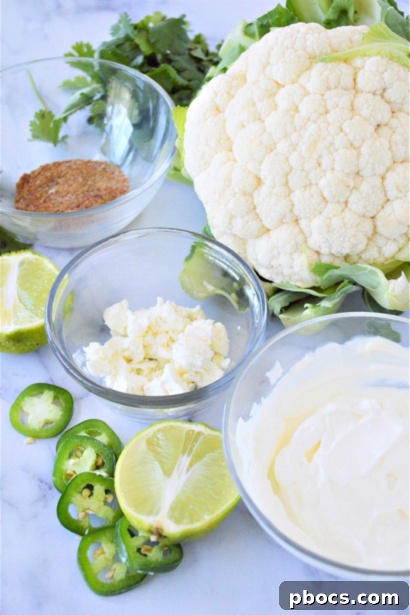 All the ingredients for Keto Mexican Street Cauliflower laid out on a kitchen counter.
