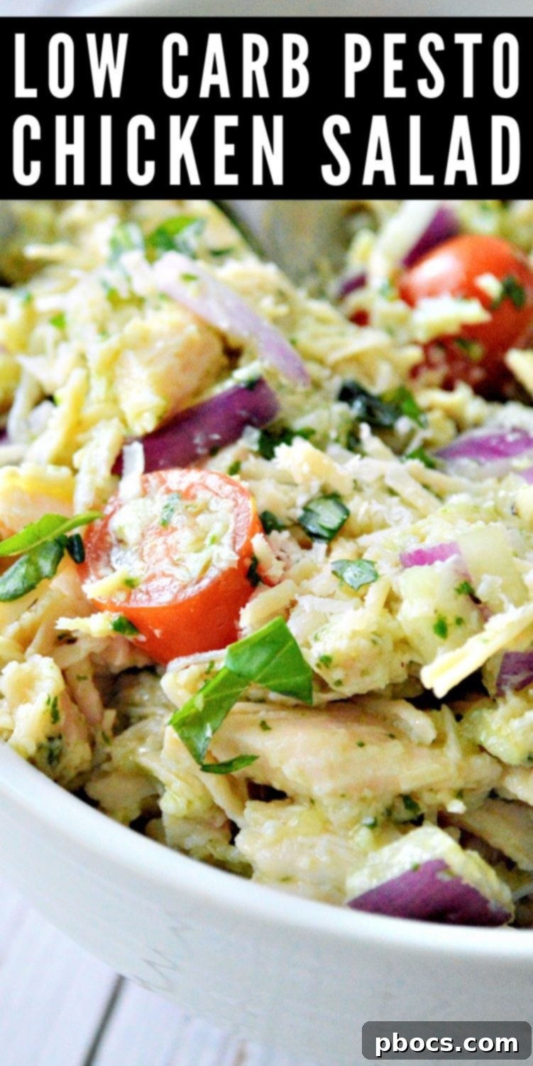 Mediterranean Low Carb Pesto Chicken Salad 14 Pinterest Pin: Low Carb Pesto Chicken Salad recipe