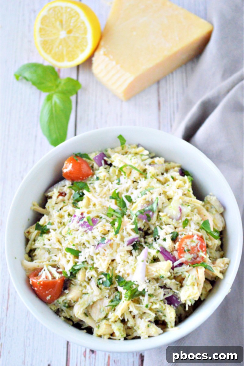 Mediterranean Low Carb Pesto Chicken Salad 3 Close-up of Low Carb Pesto Chicken Salad with cherry tomatoes