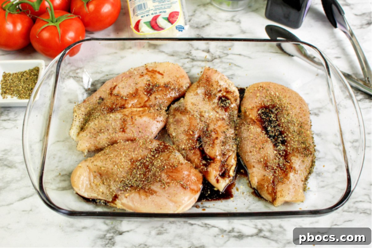 Keto Caprese Chicken Bake 12 Chicken breasts marinating with seasoning