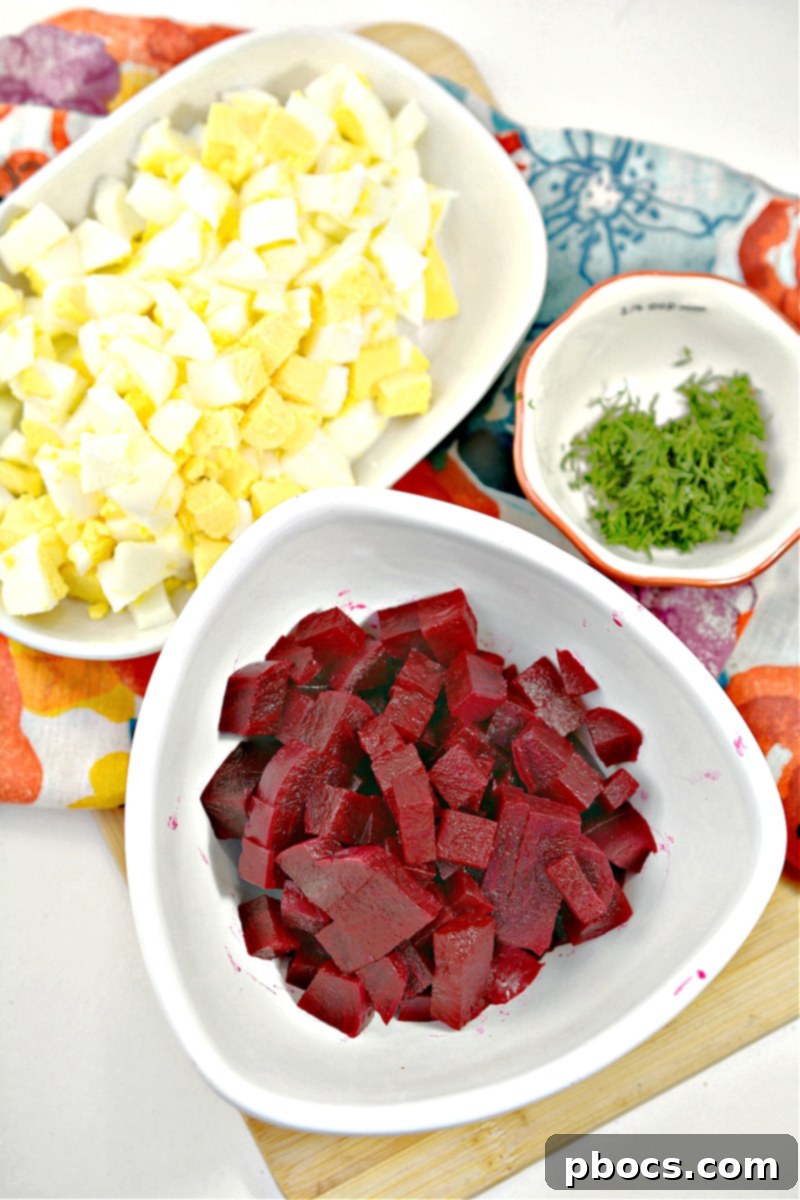 Beet Egg Salad Recipe Step 1: Dicing Ingredients
