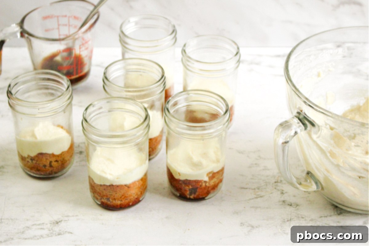Layering cakes and cream in tiramisu jars