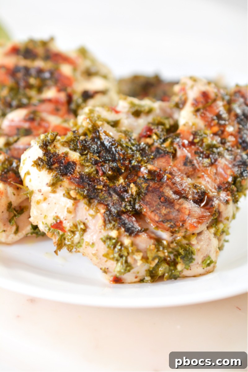 Close-up of fresh chimichurri sauce ingredients: parsley, garlic, red pepper flakes