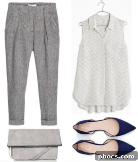 Smart Casual Linen Trousers Outfit with Polka Dot Top and Navy Heels