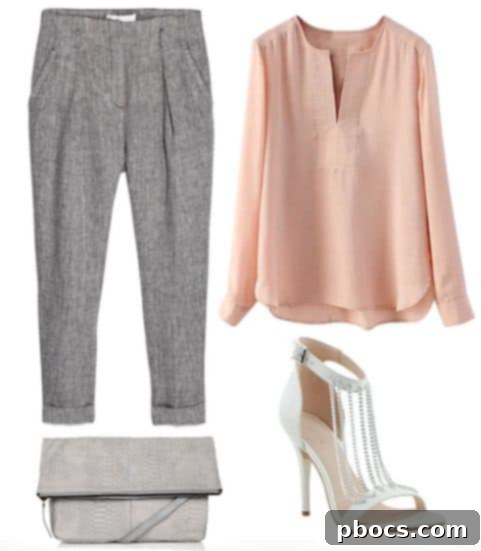 Elegant Evening Linen Trousers Outfit with Chiffon Blouse and White Heels