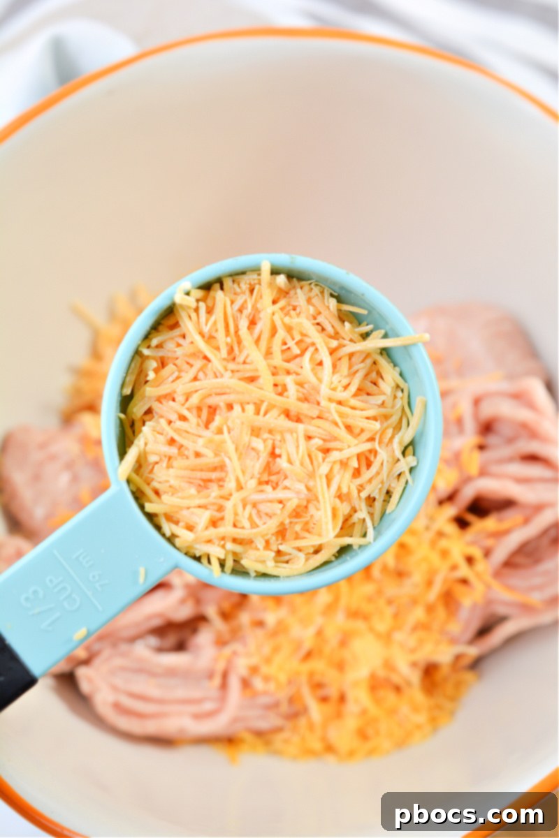 Ground chicken, shredded cheddar, crumbled bacon, and ranch seasoning in a mixing bowl