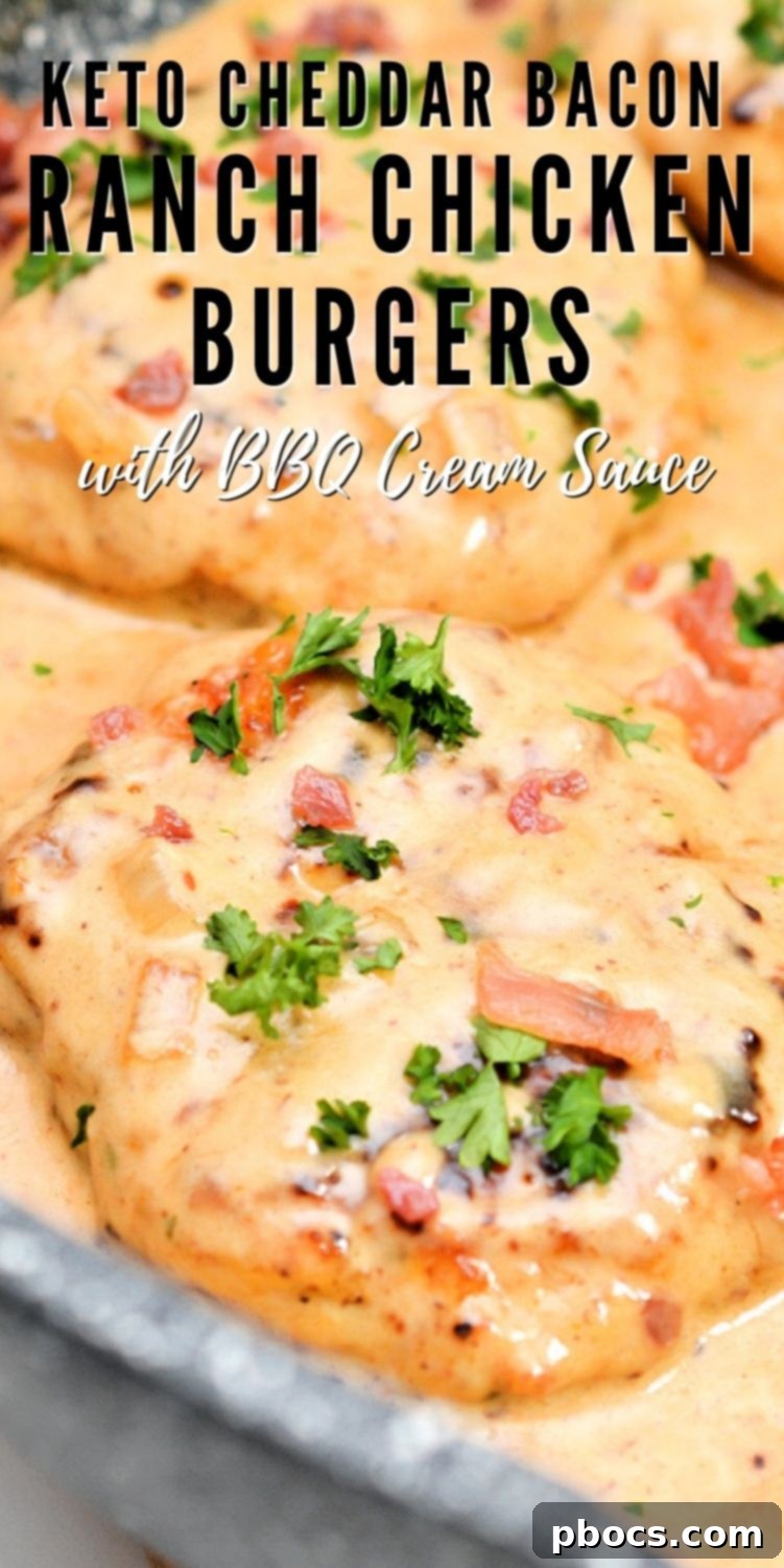 Pinterest graphic: Keto Cheddar Ranch Chicken Burgers with BBQ Cream Sauce #ketoranchburgers #cheddarranchburgers