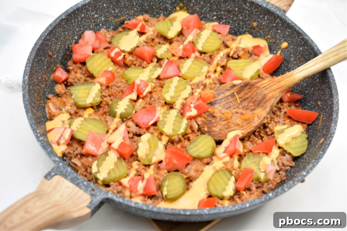 Close-up of creamy Keto Cheeseburger Skillet with melted cheese