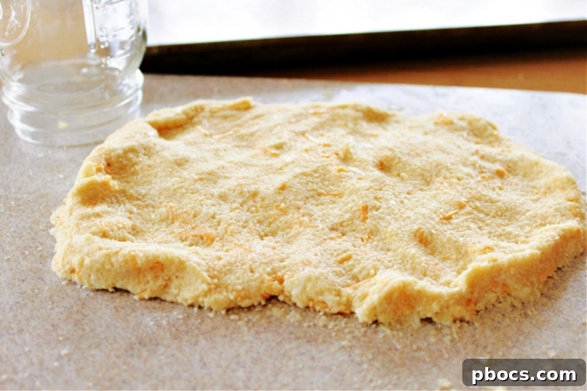 Chilled keto biscuit dough on a surface with almond flour