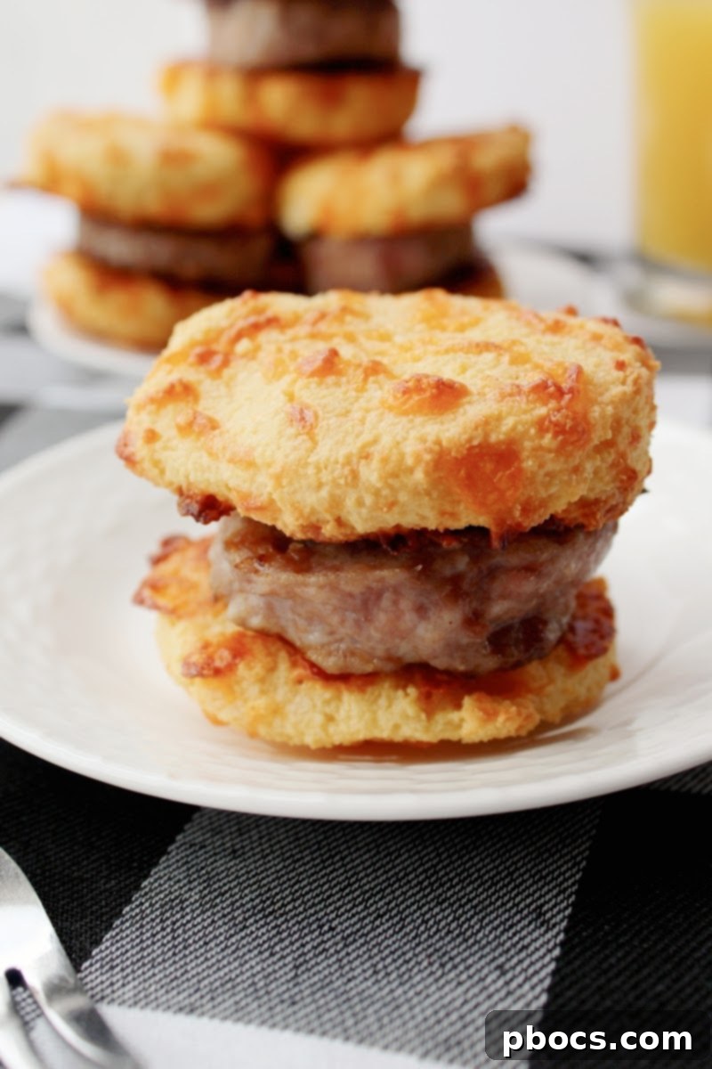 Three Keto Sausage Breakfast Sandwiches stacked on a wooden board