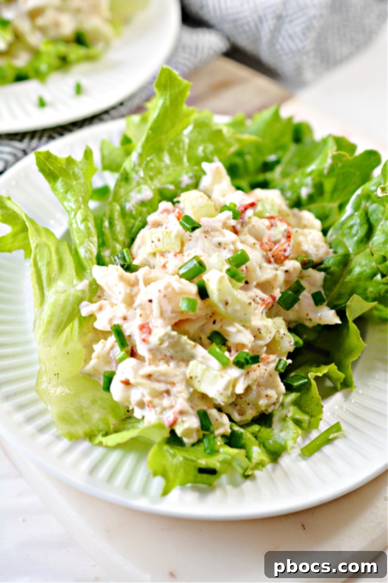 Prepared keto lobster salad served in a vibrant green lettuce cup.