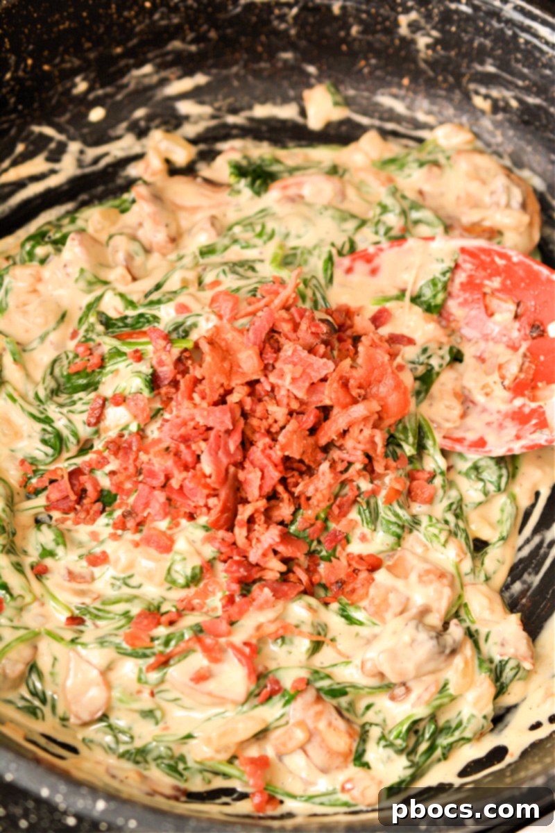 Adding Spinach and Bacon to Filling