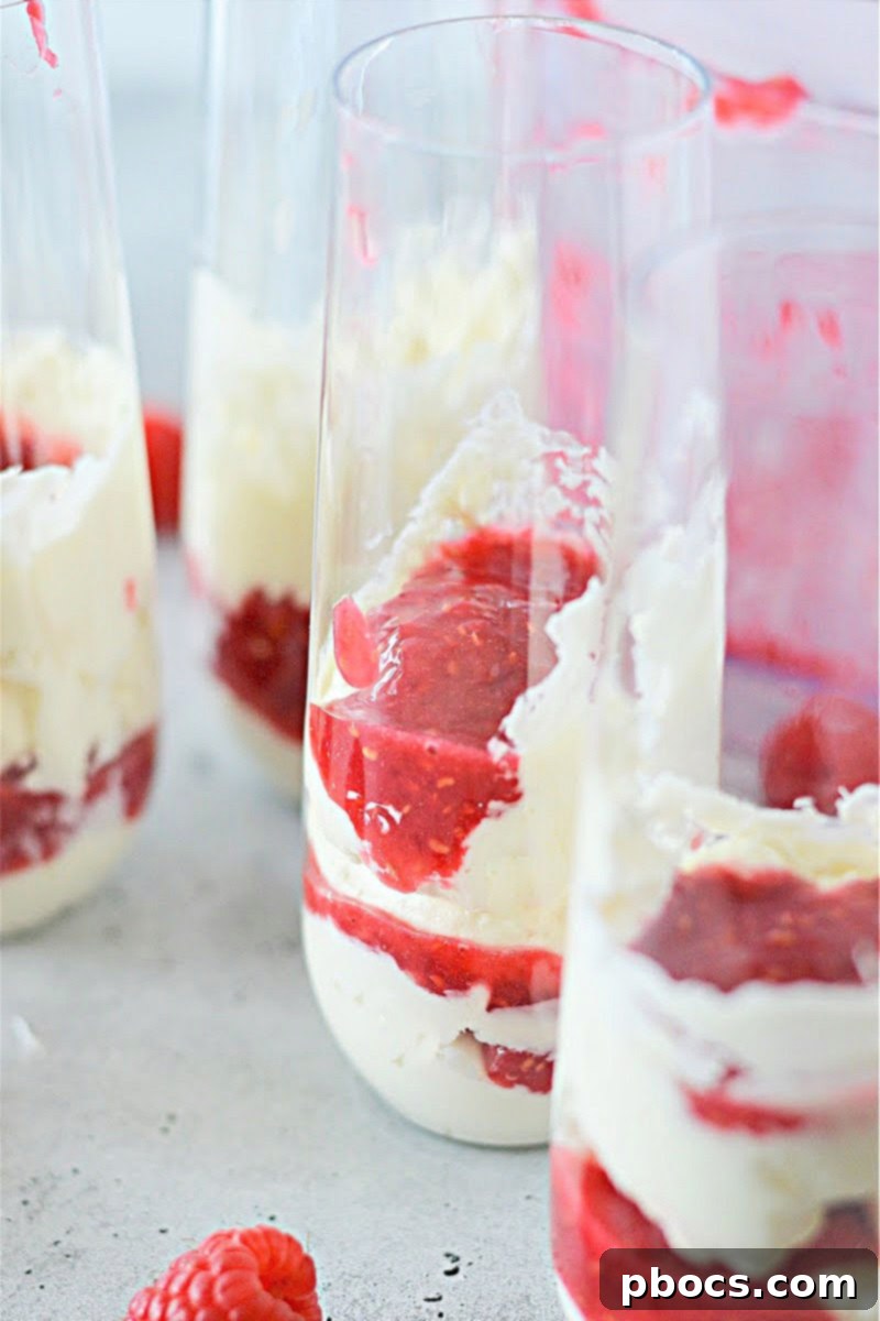Creamy Keto Cheesecake Fluff with Bright Raspberry Sauce Drizzled on Top