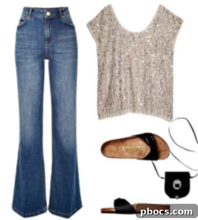 Glamorous Casual Styling with Flared Jeans Elevated Casual: Flared Jeans with a Sequin Top and Sandals