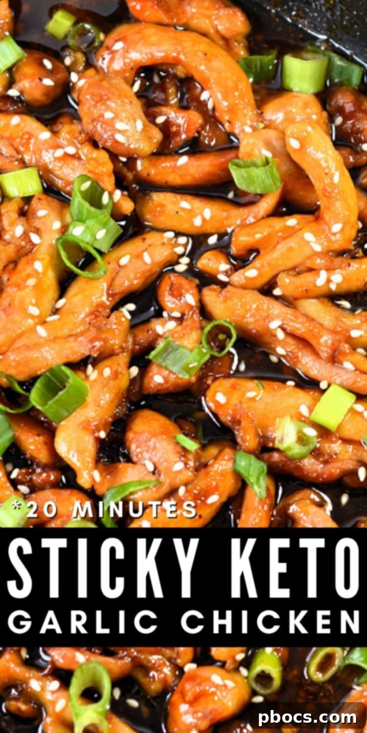 Pinterest pin image for Sticky Keto Garlic Chicken, showcasing the finished dish with serving suggestions.