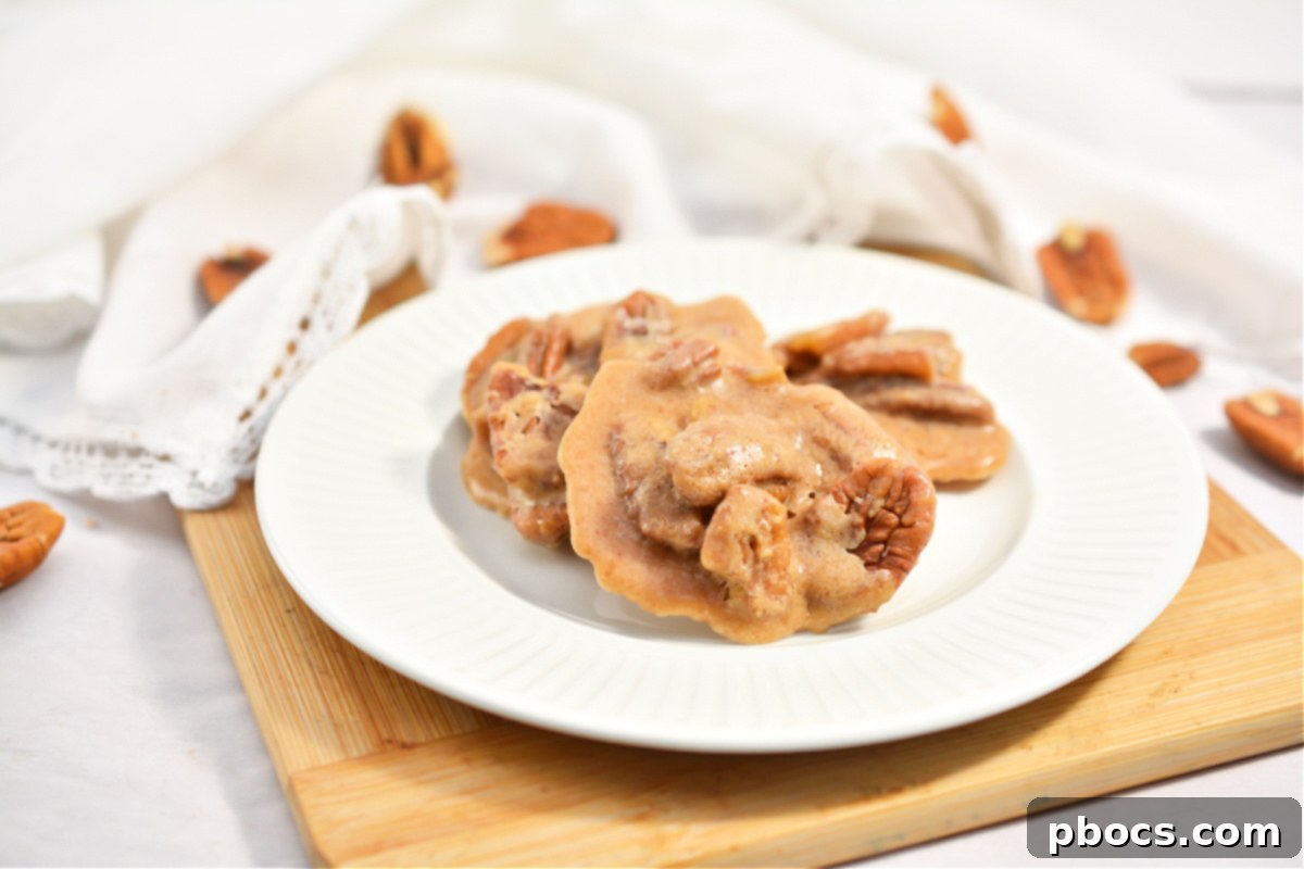 Close-up of freshly made Keto Pecan Pralines