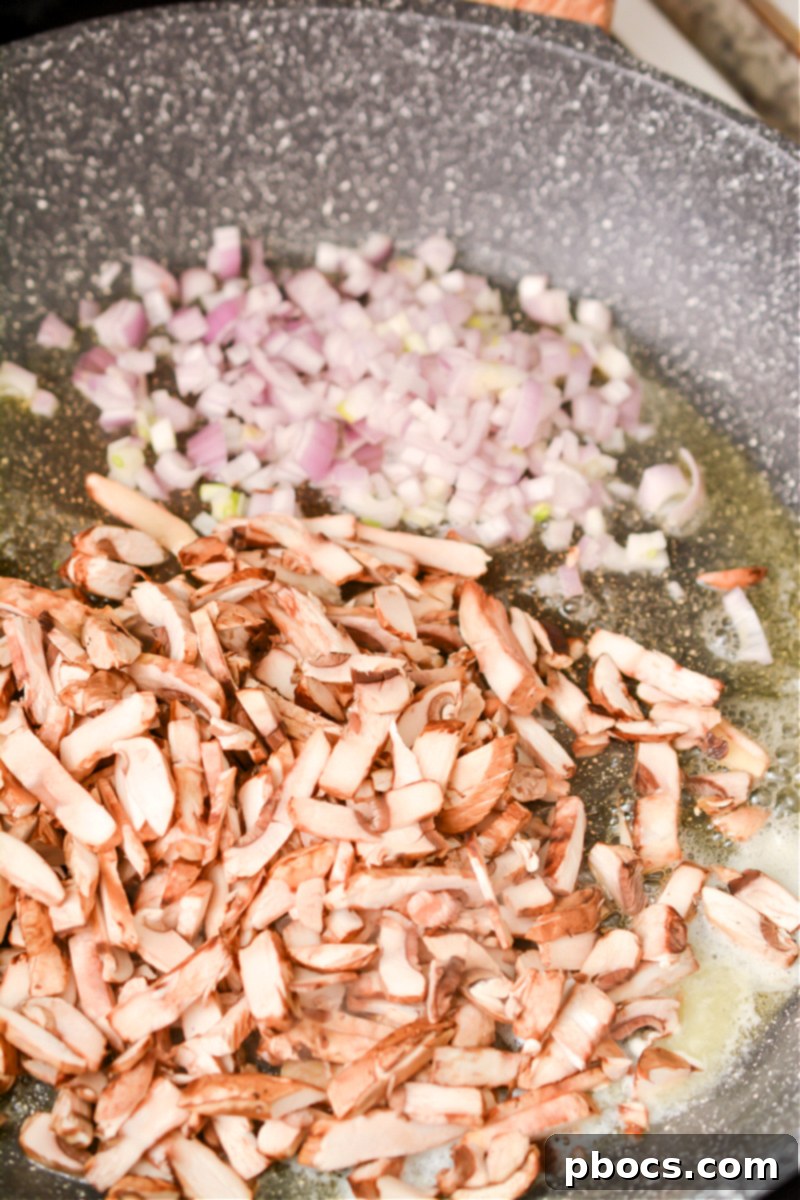 Sauteing shallots and mushrooms for the risotto base
