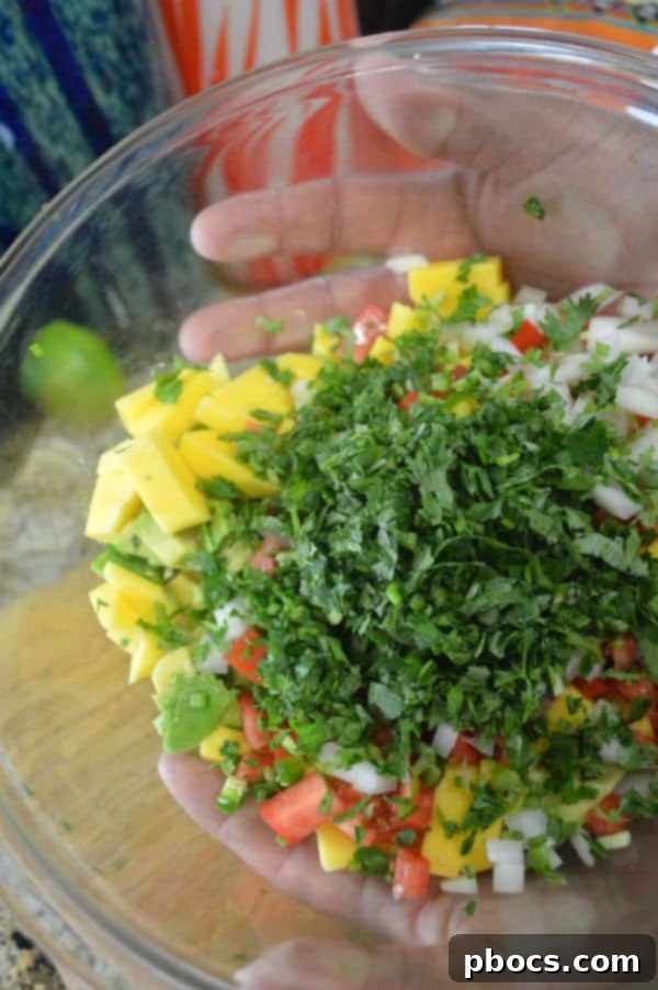Refreshing Avocado, Mango and Pomegranate Salad 3 Close-up of freshly prepared Avocado, Mango & Pomegranate Salad in a bowl, showing vibrant colors