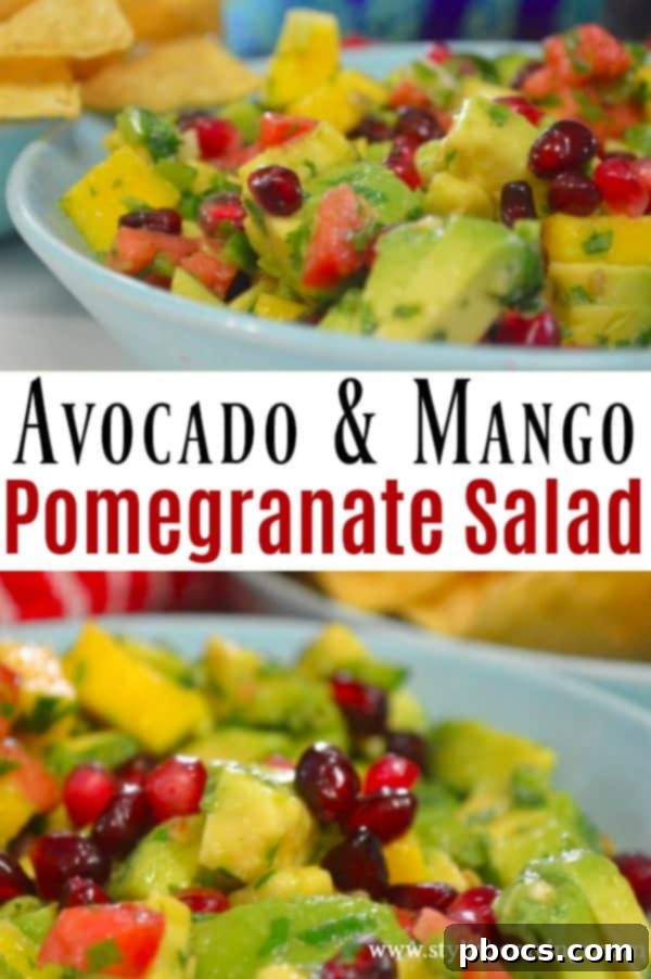 Avocado & Mango Pomegranate Salad Generous serving of Avocado & Mango Pomegranate Salad, vibrant and inviting