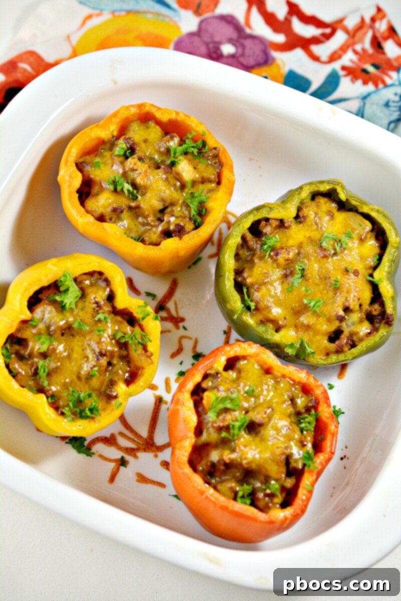Keto Sloppy Joe Bell Pepper Boats 6 Keto Sloppy Joe Stuffed Peppers with melted cheese and fresh parsley