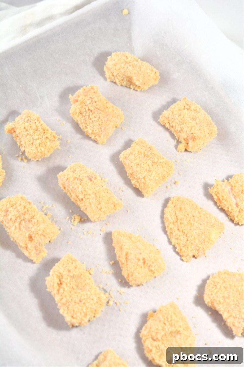 Keto Cordon Bleu Chicken Poppers 15 Breaded chicken pieces arranged on a parchment-lined baking sheet.