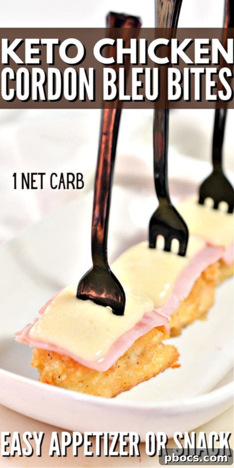 Keto Cordon Bleu Chicken Poppers 20 Keto Chicken Cordon Bleu Bites with text overlay for Pinterest sharing: #ketochickencordonbleubites #chickencordonbleubites