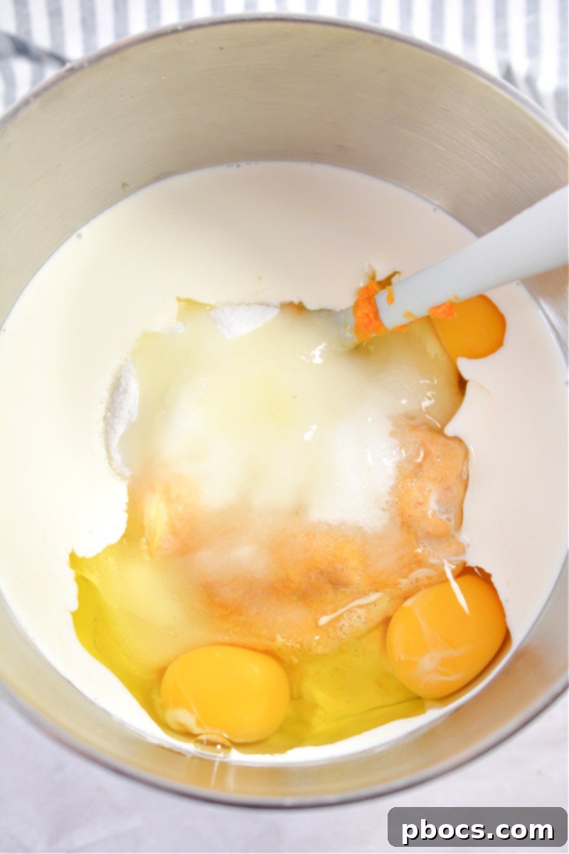 Smooth pumpkin mixture in a bowl for Keto Pumpkin Pecan Dump Cake