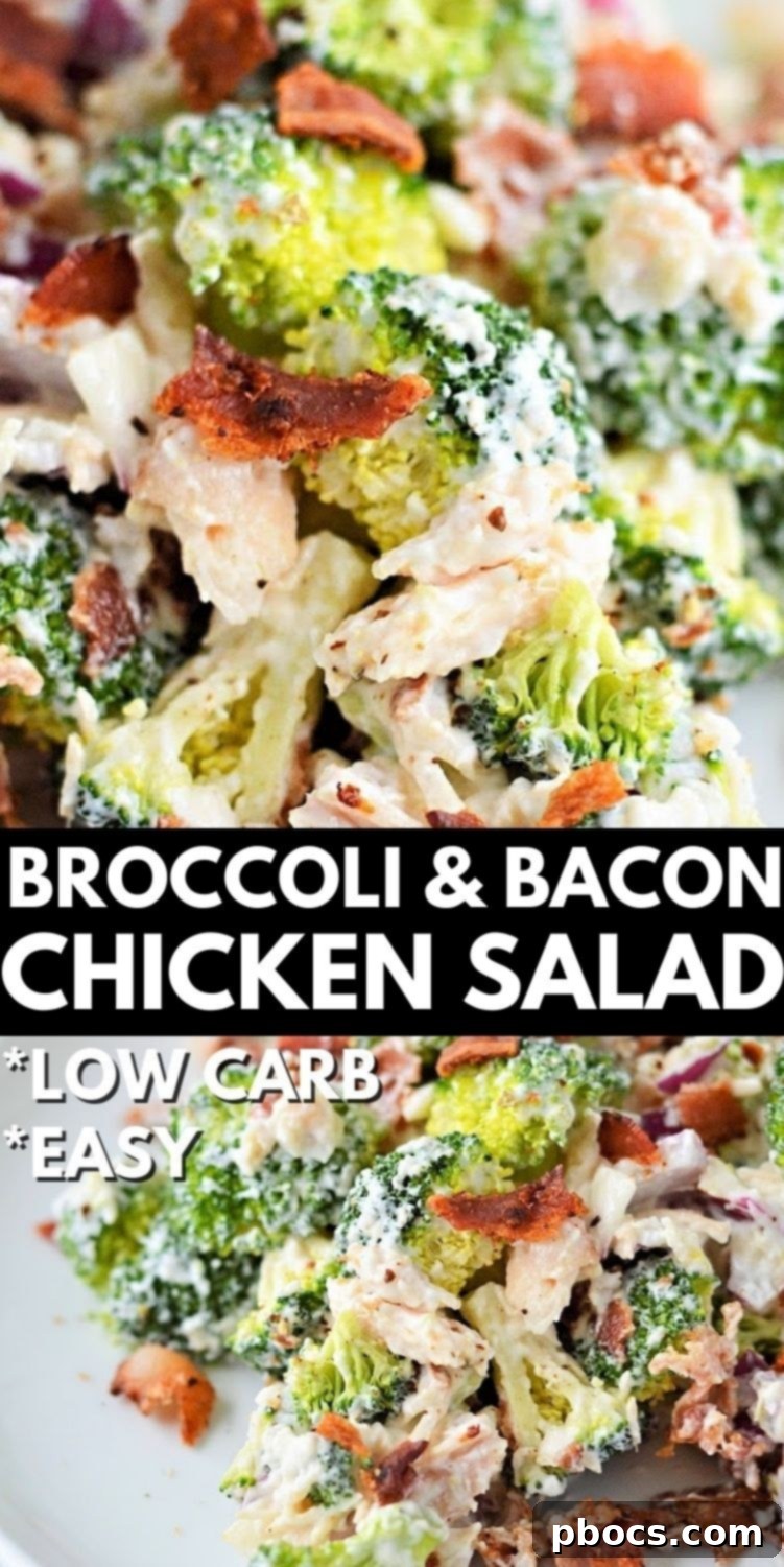 Pin graphic for Low Carb Chicken Broccoli Salad