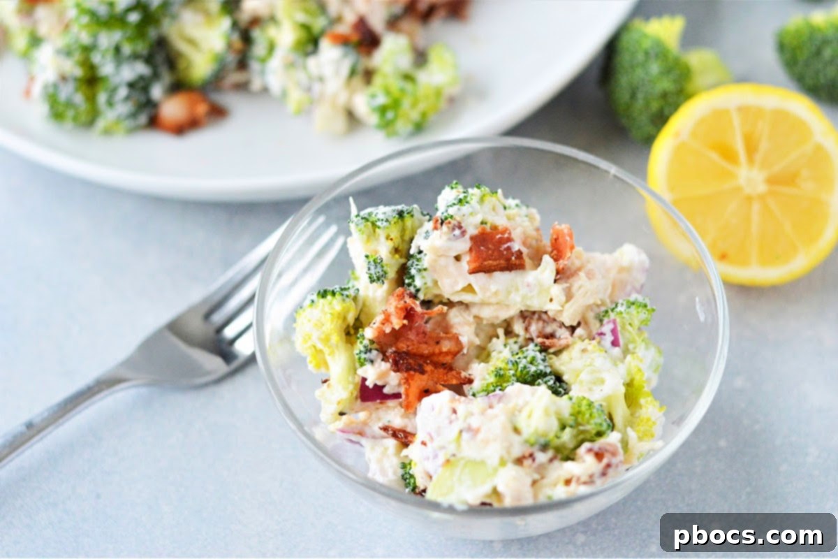 Prepared Low Carb Chicken Broccoli Salad in a bowl
