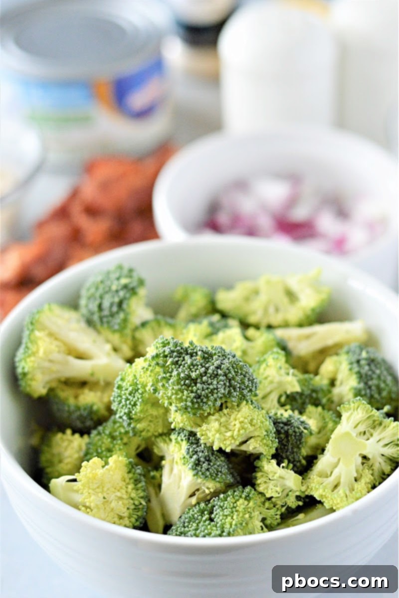 Overhead view of a bowl of Low Carb Chicken Broccoli Salad