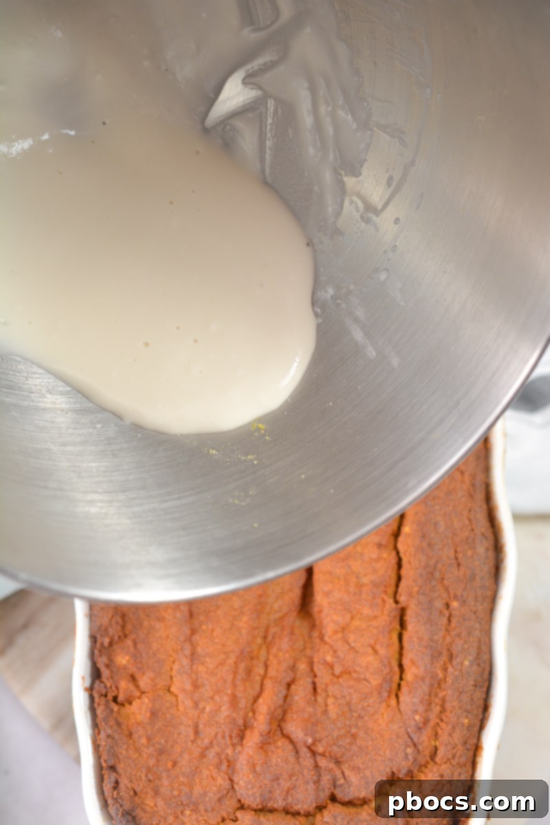 Drizzling glaze over Keto Pumpkin Pound Cake