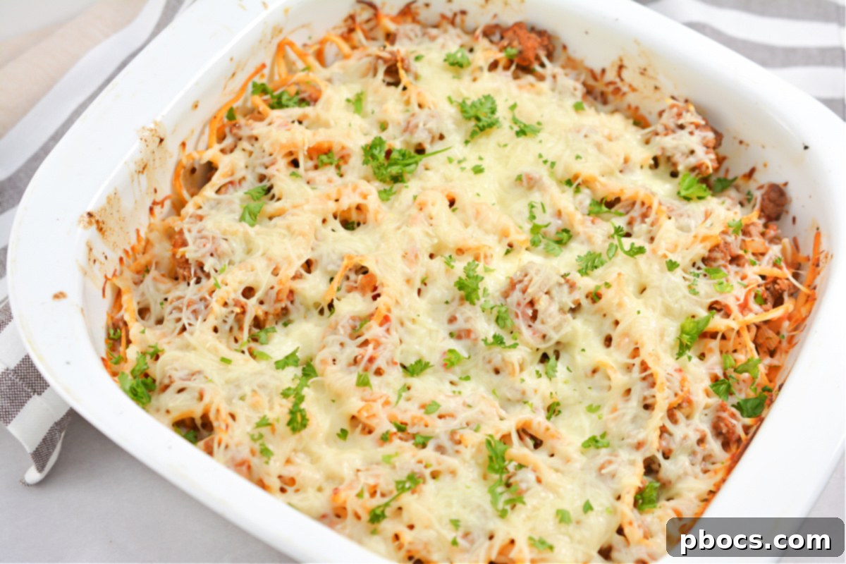 Close-up of baked Keto Spaghetti ready to serve