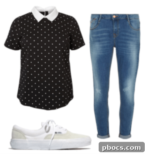 Retro Jeans and Polka Dot Top with White Sneakers