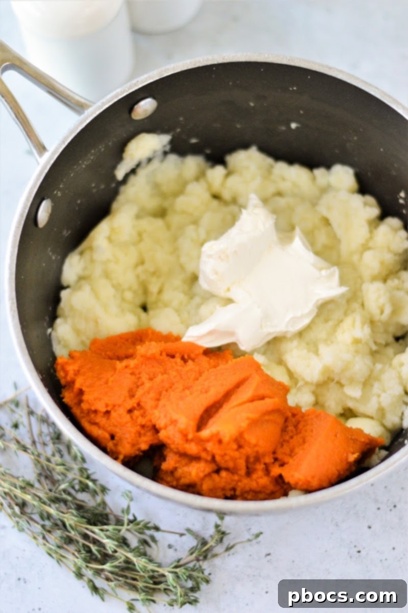 Blending cauliflower with pumpkin and cream cheese