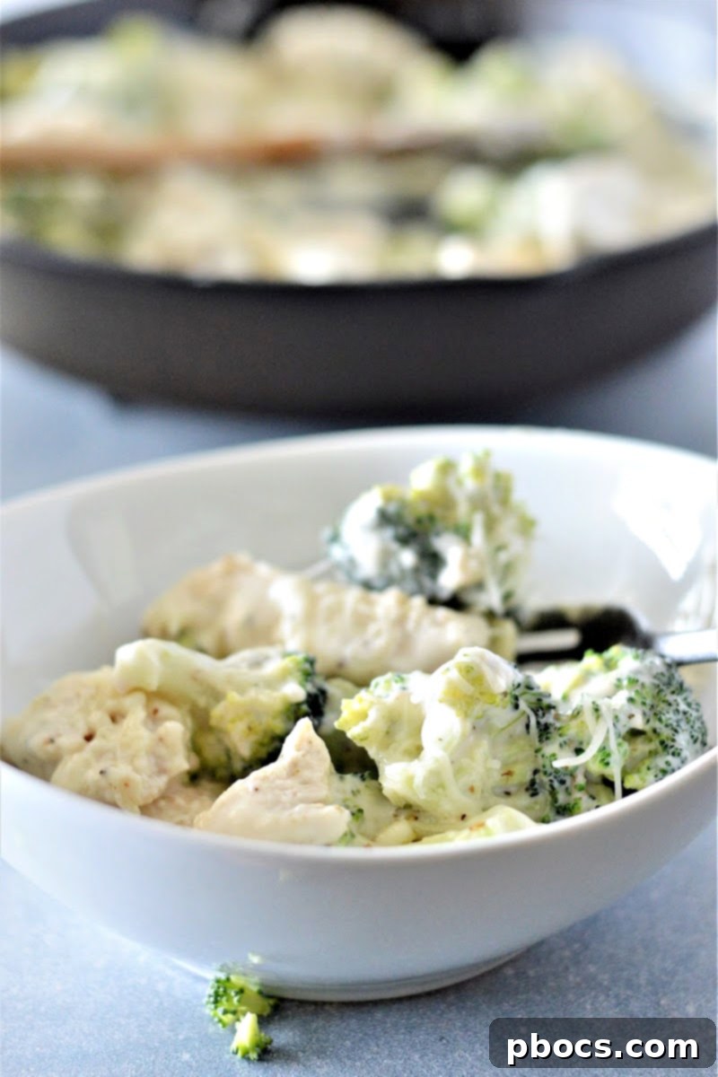 Creamy Low-Carb Chicken Alfredo 8 A generous serving of low-carb chicken alfredo with broccoli, ready to eat.