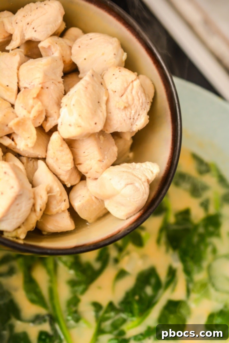 Cooked chicken pieces returned to the Creamy Keto Thai Chicken Soup for final simmering